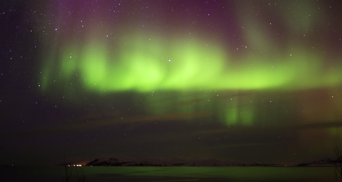 Green and violet ribbons stretching above the frozen horizon.