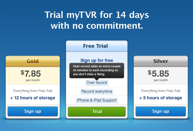 The sign up page offers a clear comparison of plans. More information is available when hovering over or tapping the highlighted text.