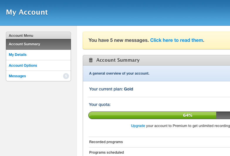 Managing account settings via the Account page. Plan and quota information is available at a glance.