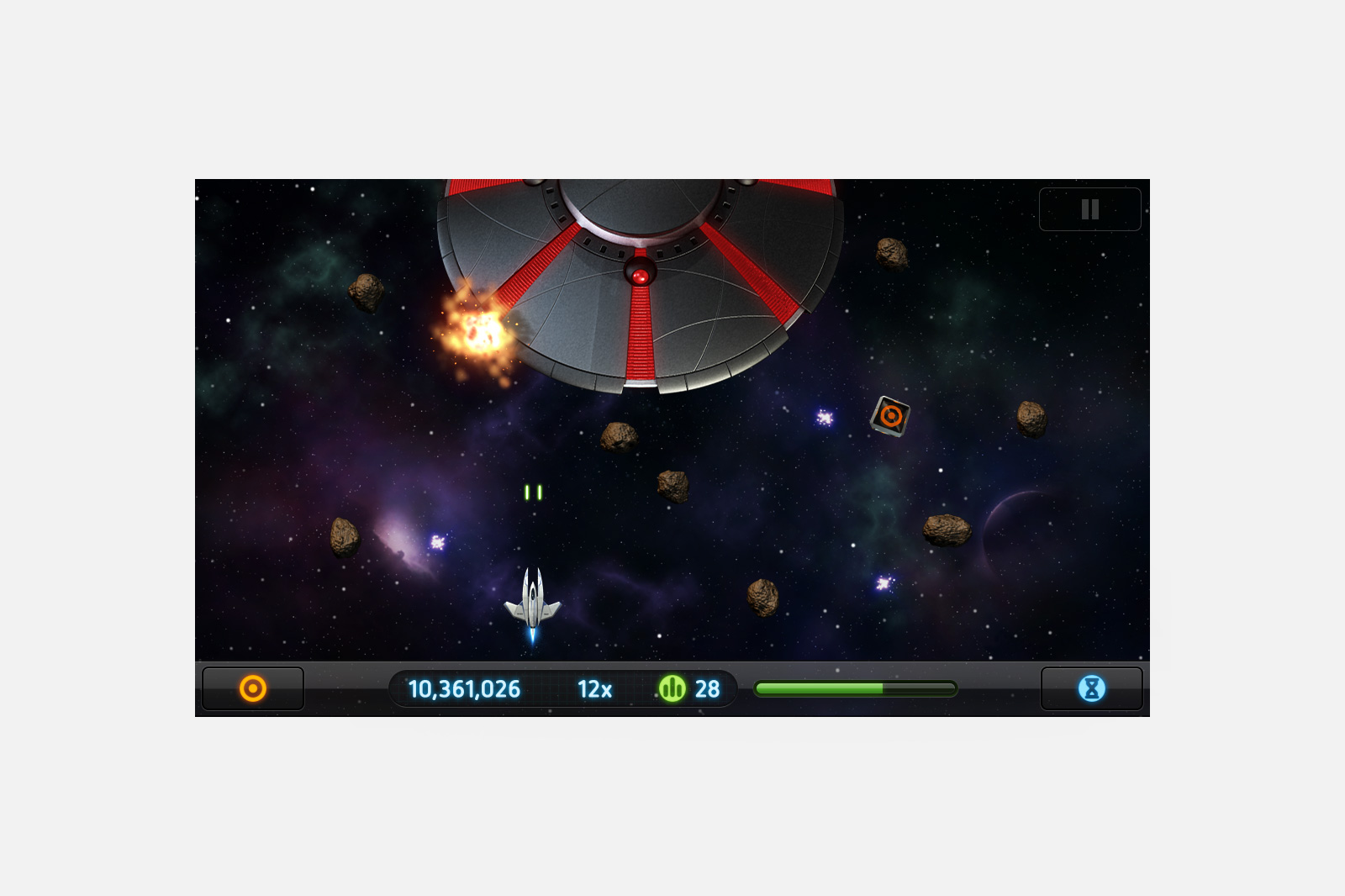 Gameplay Manoeuvre your way through the asteroid field or blast them away using the Laser Gun. A slow motion button allows for precision control and a rechargeable bomb clears the screen of any asteroids.