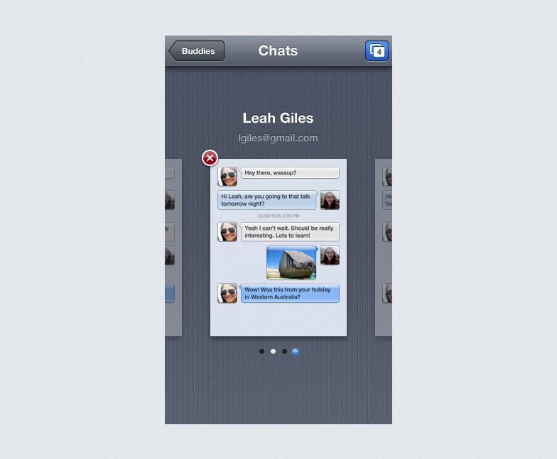 04 Final design of switcher zoomed out of conversations into a page view of current and recent conversations.