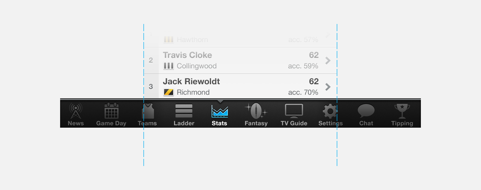 By swiping across the Tab Bar, each of the main sections can be scrolled into view if they exceed the bounds of the screen.