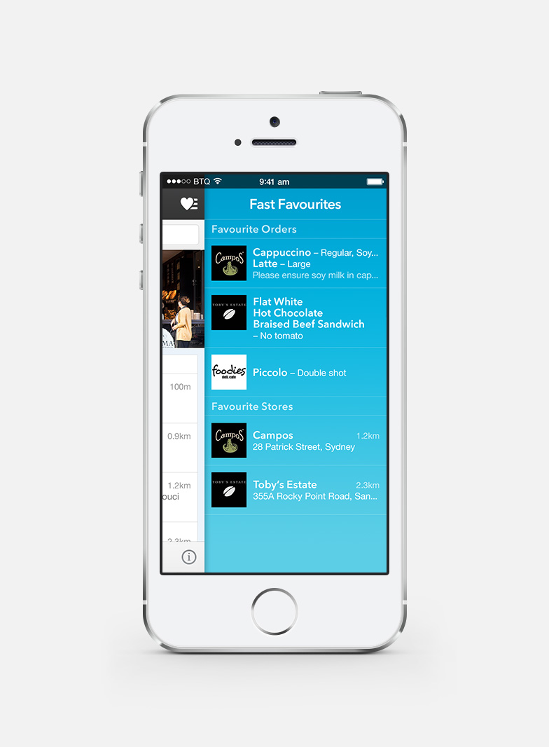 02 Your favourite orders and stores are only one tap away, appearing via menu that slides in from the side.